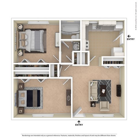 A floor plan of a small apartment with two bedrooms and a living area.